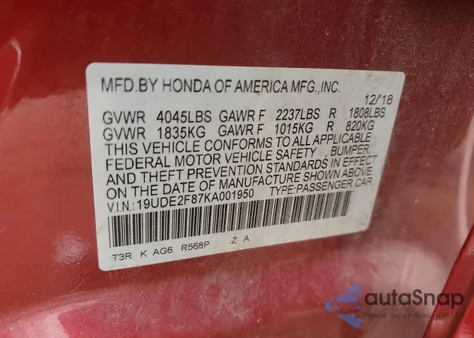 2019 Acura Ilx Premium A-Spec Packages/Technology A-Spec Packages from USA, damaged, VIN 19UDE2F87KA001950